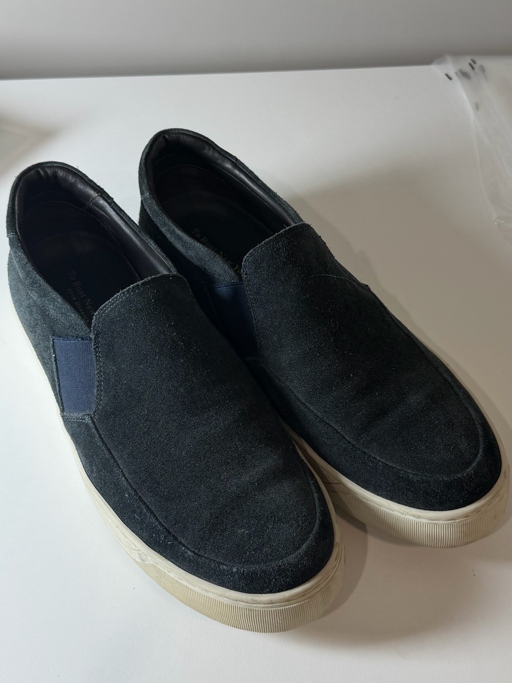 To Boot New York Adam Derrick Navy Suede Leather Slip-On Loafers with White Sole
